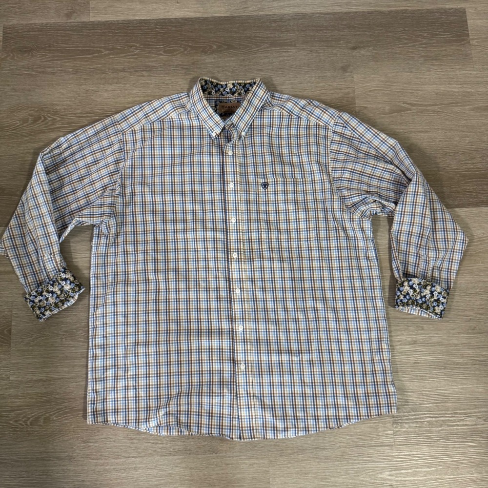 Ariat Button Down Shirt Mens XXL Blue Brown Plaid Wrinkle Free Floral Cuffs